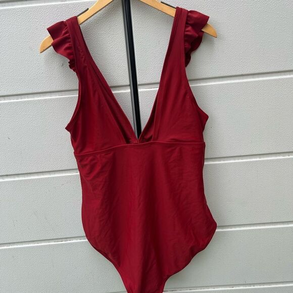 Kona Sol Maroon Ruffle One Piece Swimsuit XLarge High Coverage V-Neck - Picture 6 of 7